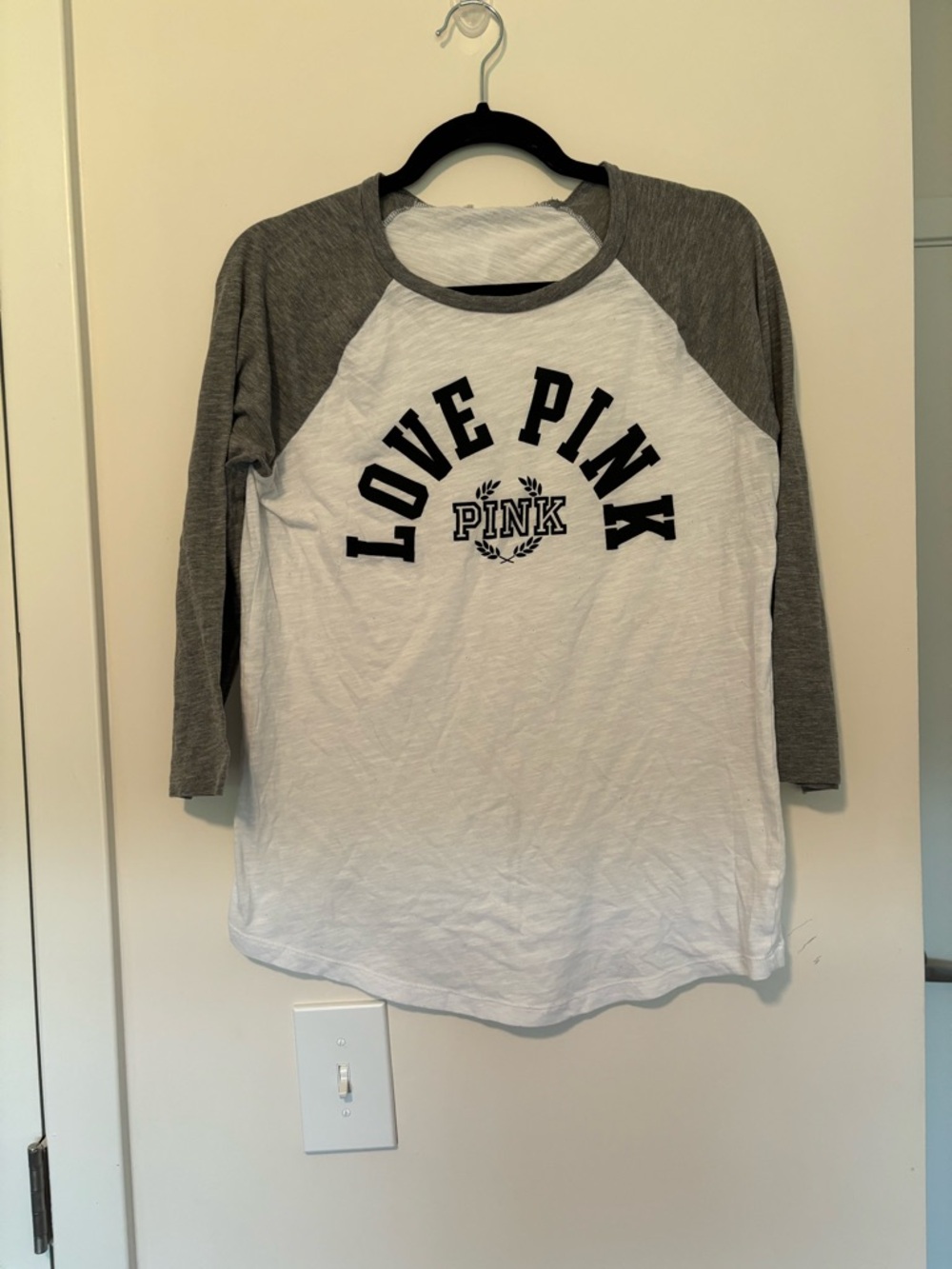 PINK Victoria's Secret White and Gray Raglan 'Love PINK' Tee